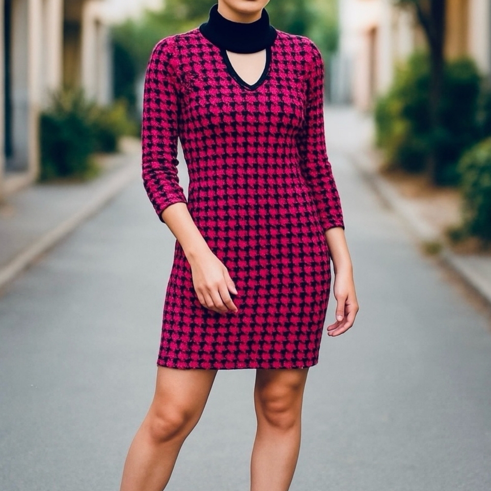 Jolie & Joy Pink & Black Houndstooth Sweater Mini Dress, XL, NW/OT, Knit